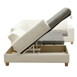 Canapé panoramique Roblin II Tissu structuré / Imitation cuir - Gris / Blanc - Méridienne courte à gauche (vue de face) - Fonction couchage - Coffre de lit