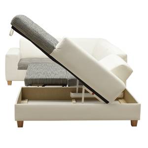 Canapé panoramique Roblin II Tissu structuré / Imitation cuir - Gris / Blanc - Méridienne courte à droite (vue de face) - Fonction couchage - Coffre de lit