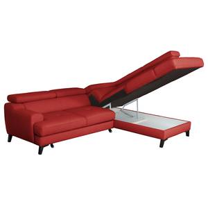 Canapé d’angle Lujan Cuir véritable / Imitation cuir - Rouge - Méridienne longue à droite (vue de face) - Fonction couchage - Coffre de lit