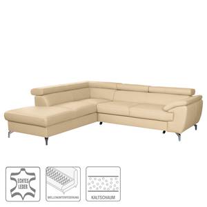 Ecksofa Martinez Echtleder / Kunstleder - Warmes Beige - Ottomane davorstehend links - Schlaffunktion - Bettkasten