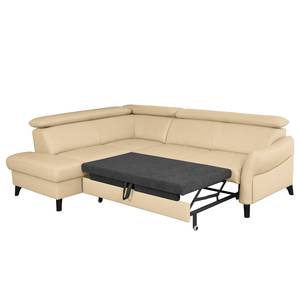 Ecksofa Junin Echtleder / Kunstleder - Warmes Beige - Ottomane davorstehend links - Schlaffunktion - Bettkasten