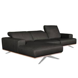 Ecksofa Iglesia Echtleder - Echtleder Nadra: Schwarz - Longchair davorstehend links - Silber - Buche