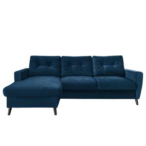 Hoekbank SOLA met chaise longue Velours Krysia: Donkerblauw - Longchair vooraanzicht links - Zonder slaapfunctie