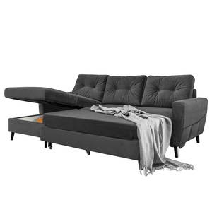 Hoekbank SOLA met chaise longue Velours Krysia: Donkergrijs - Longchair vooraanzicht links - Met slaapfunctie