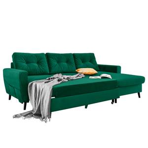 Hoekbank SOLA met chaise longue Velours Krysia: Smaragdgroen - Longchair vooraanzicht rechts - Met slaapfunctie