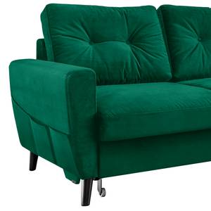 Hoekbank SOLA met chaise longue Velours Krysia: Smaragdgroen - Longchair vooraanzicht rechts - Met slaapfunctie