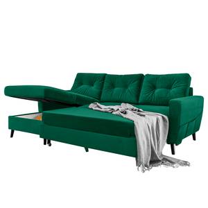 Hoekbank SOLA met chaise longue Velours Krysia: Smaragdgroen - Longchair vooraanzicht links - Met slaapfunctie