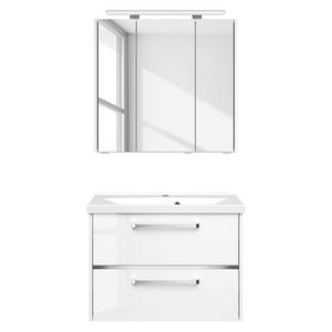 Salle de bain 3050 IV (2 éléments) Éclairage tiroir inclus - Avec vasque en fonte minérale - Blanc brillant - Largeur : 77 cm