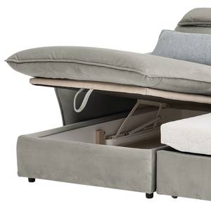 Canapé d’angle Coolin Velours - Platine - Méridienne courte à gauche (vue de face) - Fonction couchage - Coffre de lit