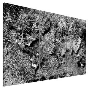 Bild World Map Grey Thread Leinen - Silber / Schwarz - 90 x 60 cm