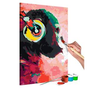 Tableau déco Singe avec écouteurs Peinture à points - Lin - Multicolore - 40 x 60 cm