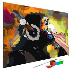 Tableau déco Singe avec écouteurs Peinture à points - Lin - Multicolore - 60 x 40 cm
