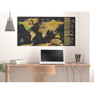 Wandposter Wereldkaart III om te scratchen - premium vlies - 100 x 50 cm - Zwart/goudkleurig