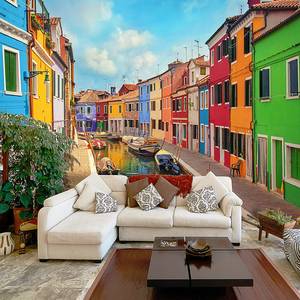 Vliesbehang Colorful Canal in Burano premium vlies - meerdere kleuren - 350 x 245 cm