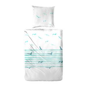 Parure de lit en percale Gurley Coton - Blanc / Turquoise - 135 x 200 cm + oreiller 80 x 80 cm