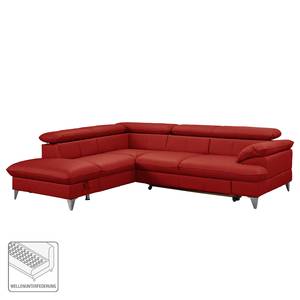 Canapé d’angle Coto I Cuir véritable - Rouge cerise - Méridienne longue à gauche (vue de face) - Fonction couchage - Coffre de lit