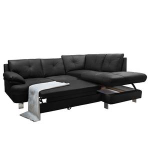 Canapé d’angle NoDa Cuir véritable - Noir - Méridienne longue à droite (vue de face) - Fonction couchage - Coffre de lit