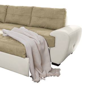Canapé d’angle Corwin III Tissu structuré, imitation cuir - Blanc crème / Blanc - Méridienne longue à gauche (vue de face) - Fonction couchage - Coffre de lit