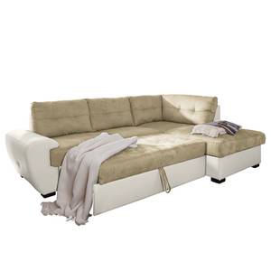 Canapé d’angle Corwin III Tissu structuré, imitation cuir - Blanc crème / Blanc - Méridienne longue à droite (vue de face) - Fonction couchage - Coffre de lit