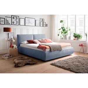 Gestoffeerd bed Atesio II incl. hoofdeinde met look van kussens en opbergruimte - Jeansblauw