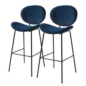 Chaise de bar Jerell (lot de 2) Velours / Métal - Noir - Bleu foncé