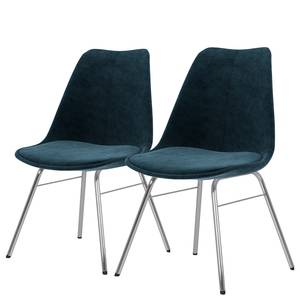 Gestoffeerde stoelen Gina I (set van 2) fluweel/metaal - Stof Vika: Petrolblauw - Zilver