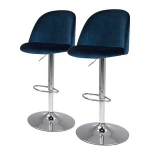 Chaises de bar Ally I (lot de 2) Velours / Métal - Tissu Vika : Bleu nuit - Argenté