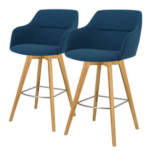 Chaises de bar Sofia I (lot de 2) rotatif - Tissu / Chêne massif - Tissu Dyre : Bleu jean - Chêne clair