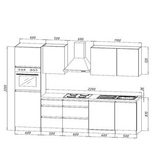 Küchenzeile Melano II (9-teilig) Hochglanz Grau / Eiche Dekor - Breite: 280 cm - Ohne Elektrogeräte