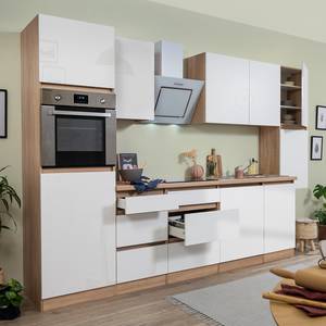 Küchenzeile Melano IV (10-teilig) Hochglanz Weiß / Eiche Dekor - Breite: 330 cm - Ohne Elektrogeräte