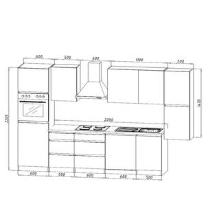 Cuisine équipée Melano IV (10 éléments) Sans appareils électroménagers - Gris brillant / Imitation chêne - Largeur : 330 cm - Sans électroménager