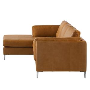 Ecksofa COSO Classic+ mit Longchair Echtleder - Echtleder Taru: Hellbraun - Breite: 246 cm - Longchair davorstehend links - Chrom glänzend