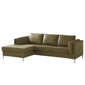 Ecksofa COSO Classic+ mit Longchair Echtleder - Echtleder Taru: Olivgrün - Breite: 246 cm - Longchair davorstehend links - Chrom glänzend