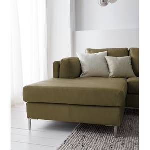 Ecksofa COSO Classic+ mit Longchair Echtleder - Echtleder Taru: Olivgrün - Breite: 246 cm - Longchair davorstehend links - Chrom glänzend