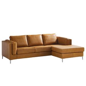 Ecksofa COSO Classic+ mit Longchair Echtleder - Echtleder Taru: Hellbraun - Breite: 246 cm - Longchair davorstehend rechts - Chrom glänzend