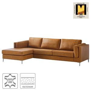 Ecksofa COSO Classic+ mit Longchair Echtleder - Echtleder Taru: Hellbraun - Breite: 287 cm - Longchair davorstehend links - Chrom glänzend