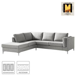 Hoekbank COSO Classic+ met Ottomaan geweven stof - Geweven stof Inze: Lichtgrijs - Breedte: 245 cm - Ottomaan vooraanzicht links - Opbergruimte - Chroomkleurig glanzend