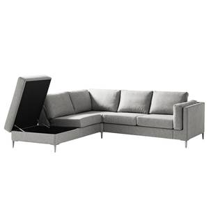 Ecksofa COSO Classic+ mit Ottomane Webstoff - Webstoff Inze: Hellgrau - Breite: 245 cm - Ottomane davorstehend links - Bettkasten - Chrom glänzend