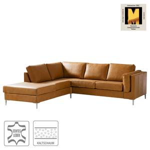 Ecksofa COSO Classic+ mit Ottomane Echtleder - Echtleder Taru: Hellbraun - Breite: 245 cm - Ottomane davorstehend links - Bettkasten - Chrom glänzend