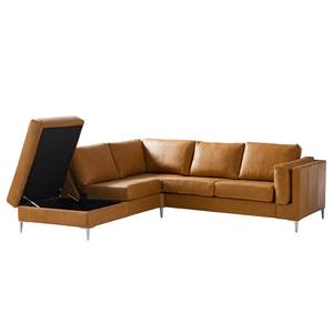 Hoekbank COSO Classic+ met Ottomaan echt leer - Leer Taru: Lichtbruin - Breedte: 245 cm - Ottomaan vooraanzicht links - Opbergruimte - Chroomkleurig glanzend