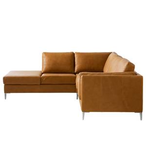 Ecksofa COSO Classic+ mit Ottomane Echtleder - Echtleder Taru: Hellbraun - Breite: 245 cm - Ottomane davorstehend links - Bettkasten - Chrom glänzend