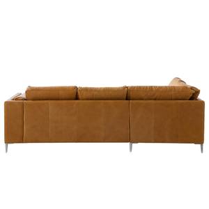 Ecksofa COSO Classic+ mit Ottomane Echtleder - Echtleder Taru: Hellbraun - Breite: 245 cm - Ottomane davorstehend links - Bettkasten - Chrom glänzend