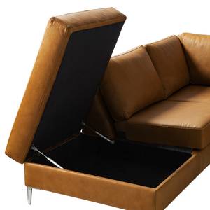 Ecksofa COSO Classic+ mit Ottomane Echtleder - Echtleder Taru: Hellbraun - Breite: 245 cm - Ottomane davorstehend links - Bettkasten - Chrom glänzend