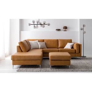 Ecksofa COSO Classic+ mit Ottomane Echtleder - Echtleder Taru: Hellbraun - Breite: 245 cm - Ottomane davorstehend links - Bettkasten - Chrom glänzend