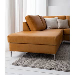 Ecksofa COSO Classic+ mit Ottomane Echtleder - Echtleder Taru: Hellbraun - Breite: 245 cm - Ottomane davorstehend links - Bettkasten - Chrom glänzend