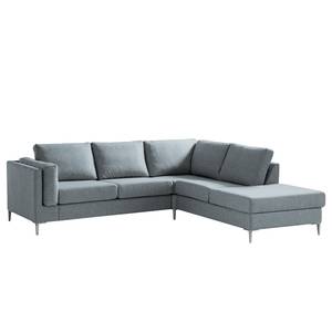 Ecksofa COSO Classic+ mit Ottomane Webstoff - Webstoff Inze: Graublau - Breite: 245 cm - Ottomane davorstehend rechts - Bettkasten - Chrom glänzend