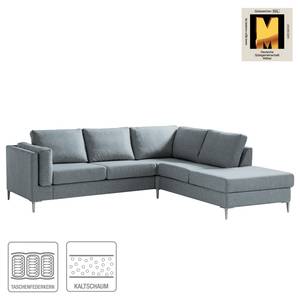 Ecksofa COSO Classic+ mit Ottomane Webstoff - Webstoff Inze: Graublau - Breite: 245 cm - Ottomane davorstehend rechts - Bettkasten - Chrom glänzend