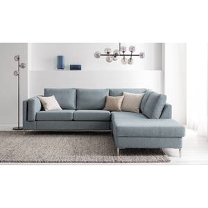 Ecksofa COSO Classic+ mit Ottomane Webstoff - Webstoff Inze: Graublau - Breite: 245 cm - Ottomane davorstehend rechts - Bettkasten - Chrom glänzend