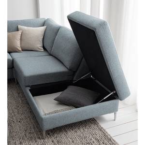 Ecksofa COSO Classic+ mit Ottomane Webstoff - Webstoff Inze: Graublau - Breite: 245 cm - Ottomane davorstehend rechts - Bettkasten - Chrom glänzend