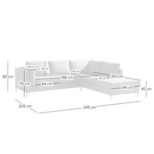 Hoekbank COSO Classic+ met Ottomaan geweven stof - Geweven stof Inze: Lichtgrijs - Breedte: 245 cm - Ottomaan vooraanzicht rechts - Opbergruimte - Chroomkleurig glanzend